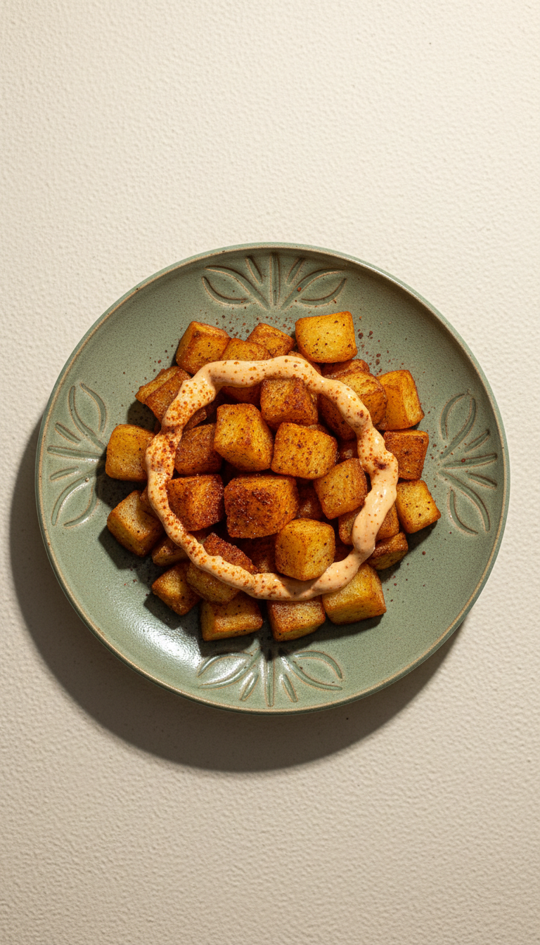 Patatas Bravas with Smoked Paprika Aioli on Sage Plate